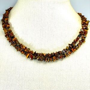 Hand Crafted Tigers Eye Chip Nugget Beaded Double Strand Statement Necklace